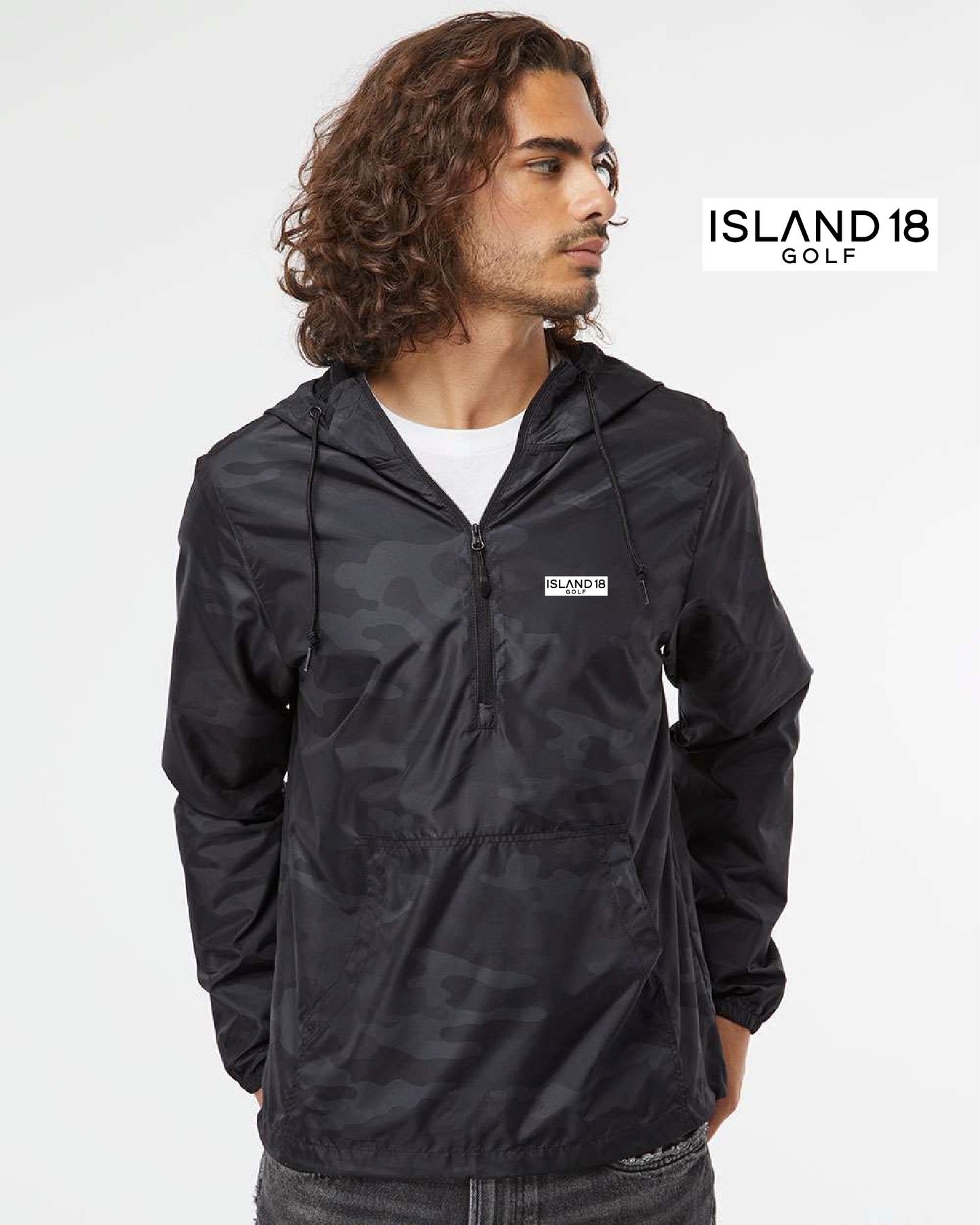 Island 18 Golf Black Camo 1/2 zip Windbreaker Lightweight